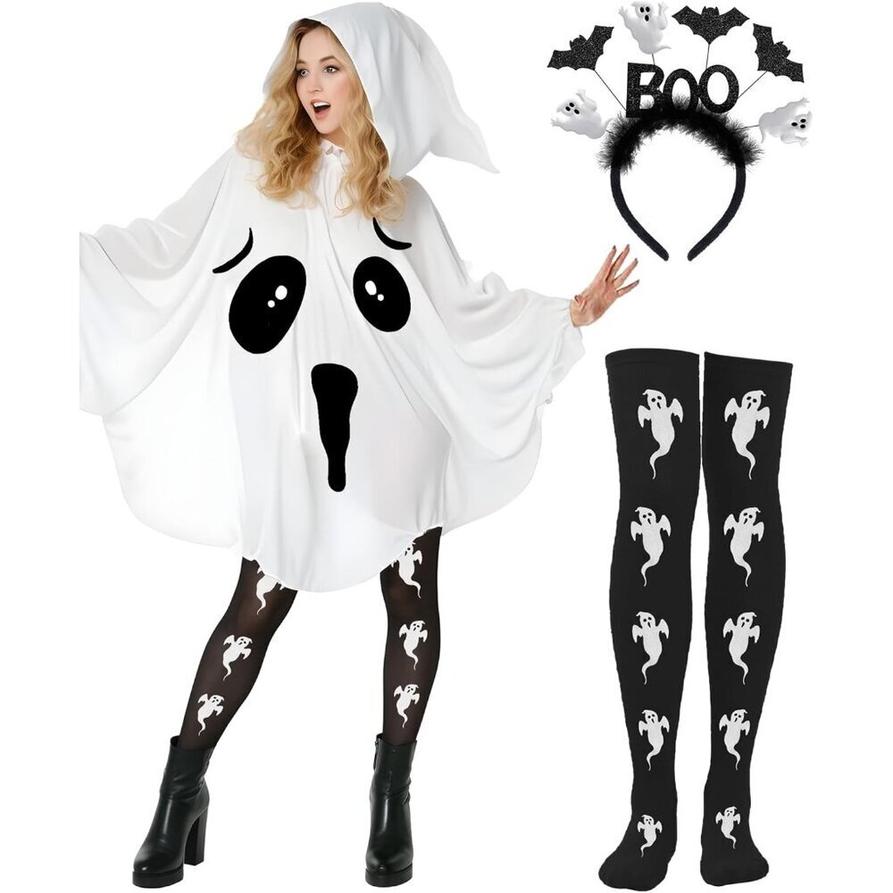 Women Ghost Costume Kit Caped Poncho Headband Socks Halloween Accessory